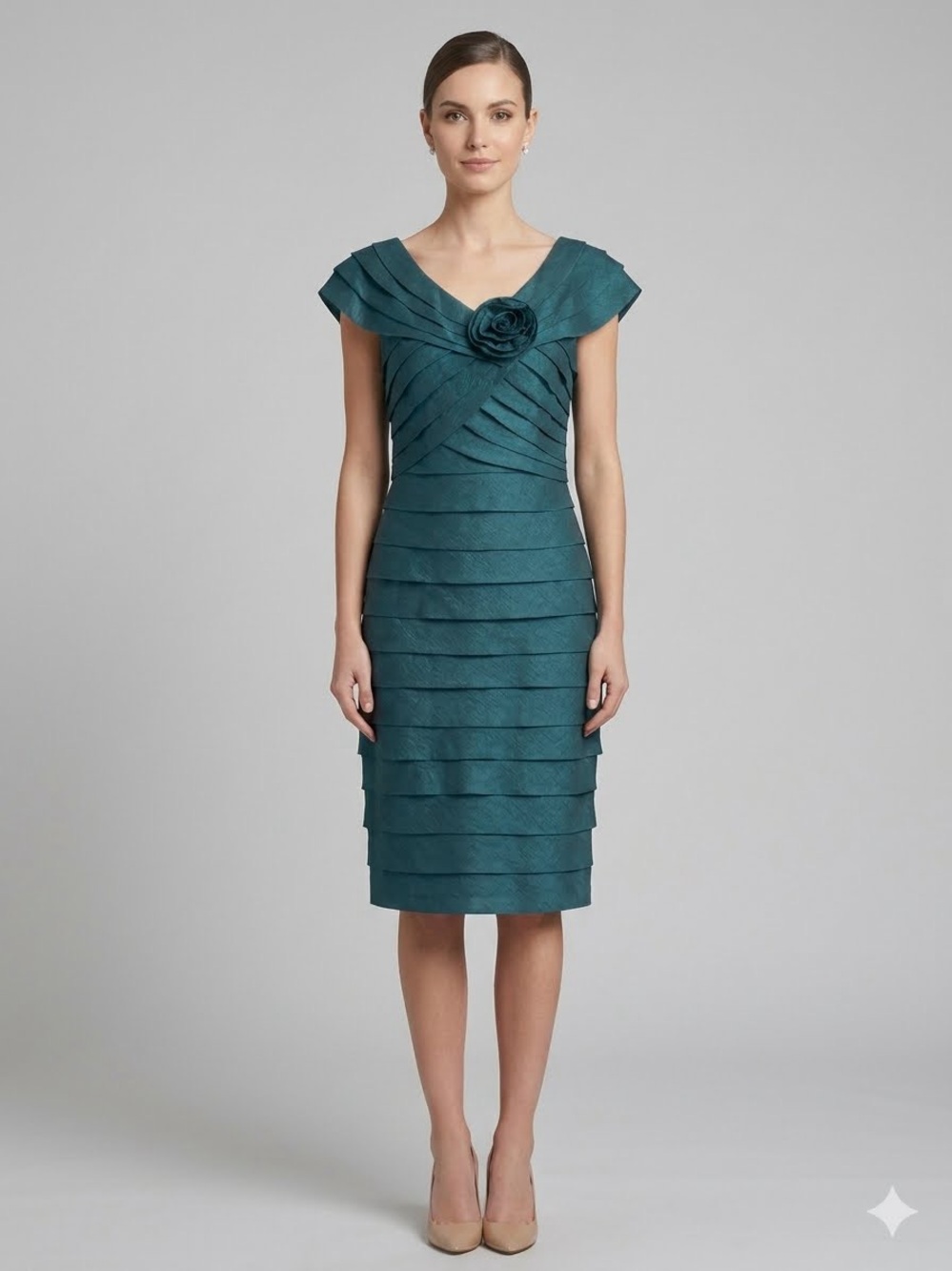 London Times Teal Tiered Sheath Dress with Rosette
